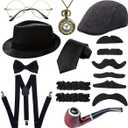 1920s Mens Costume Accessories Outfit Set Gangster Roaring 20s Costumes for Gatsby Party (Black)