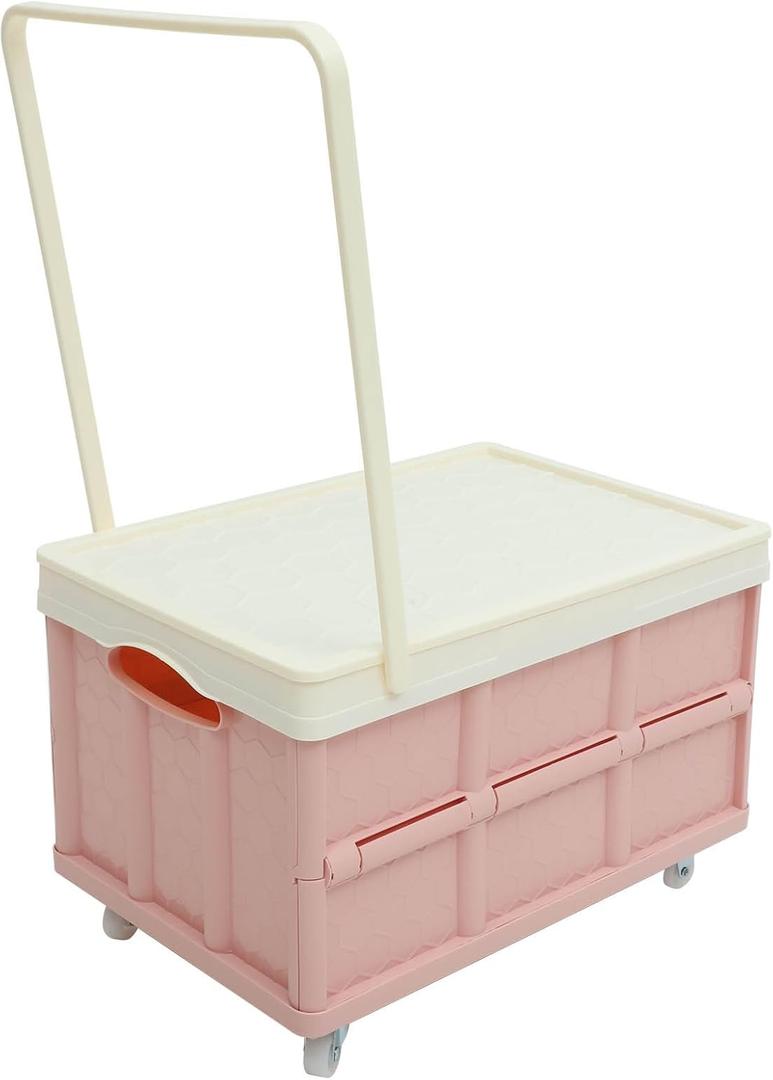 30L Collapsible Storage Bins with Lids: Storage Tote With Wheels Folding Plastic Stackable Utility Crates Plastic Tote Storage Box Container Stackable Folding Utility Crates for Clothes,Books (42x29cm, Pink)