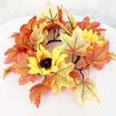 6pcs Fall Candle Rings Small Fall Wreath Artificial Flower Rings Thanksgiving Fall Centerpieces for Tables Autumn Maple Leaf with Sunflower Harvest Festival Home Decor (9.8")