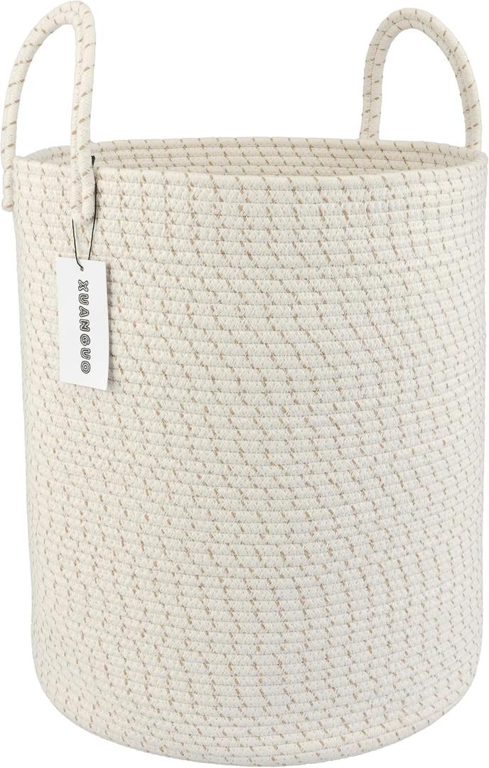 Cotton Rope Laundry Basket Hamper for Clothes Woven Storage Basket for Living Room Bedroom Boho Tall Rope Baskets for Blanket Toys Pillow Towels Baby Nursery Hamper Bin striped (regular)