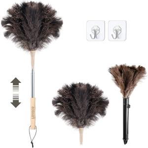 Ostrich Feather Dusters for Cleaning Kit - Reusable Soft Feather Duster Extendable to 49 inches for Cleaning Ceiling Fan, High Ceiling, Blinds & Retractable Small Duster for Keyboard, Car (Brown)