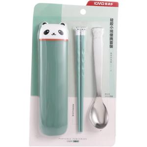 Portable Travel Utensils Set with Case, Reusable Chopsticks Spoon Cutlery Set with Case, Plastic & Stainless Steel & Silicone, Cute Panda Head Premium Flatware Set for Daily Use