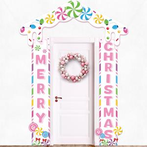 Merry Christmas Candy Door Banner Xmas Party Porch Banner Backdrop Christmas Candy Porch Banner Signs Candyland Party Hanging Backdrop Decorations for Winter Holiday Indoor Outdoor Hanging Supplies