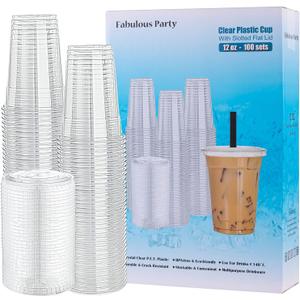 [100 Sets 12 Oz Plastic Cups with Lids, PET Crystal Clear Cups with Slotted Flat Lids, Popular Iced Coffee Cups with lid Never Break & Keep Clean, 12oz Disposable Cup with Cover