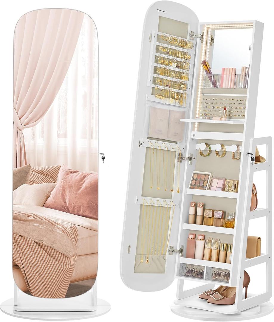 SONGMICS LED Jewelry Cabinet, 360 Swivel Jewelry Organizer, Lockable Mirror Jewelry Cabinet Standing, Rounded Wide Full-Length Mirror with Storage Shelves, Interior Mirror, Cloud White UJJC036W01