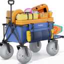 51" Beach Wagon with 10" PU Balloon Wheel,440LBS Beach Cart with Rear Tailgate, Foldable Wagon for Sand, Grass and Gravel,Blue (Pump Included)