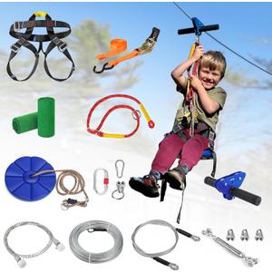CTSC Zipline for Kids and Adult, Zip line Kits for Backyard with Stainless Steel Spring Brake, Cable Tensioning Kit, Safety Harness, 2 Tree Protectors and Full Set of Zip line Accessories, 105 FT Blue