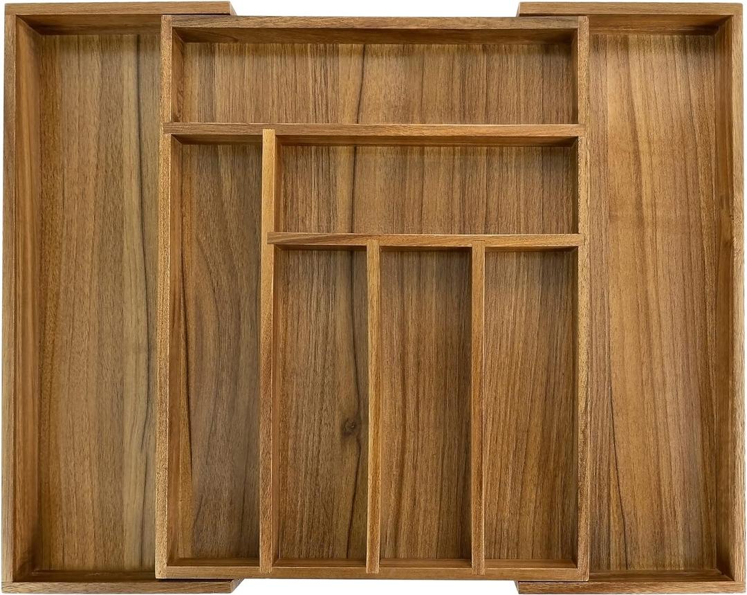 Luxury Acacia Kitchen Drawer Organizer - Silverware Organizer - Utensil Holder and Cutlery Tray with Grooved Drawer Dividers for Flatware and Kitchen Utensils (8 Slot), 17*12.4*2 inch