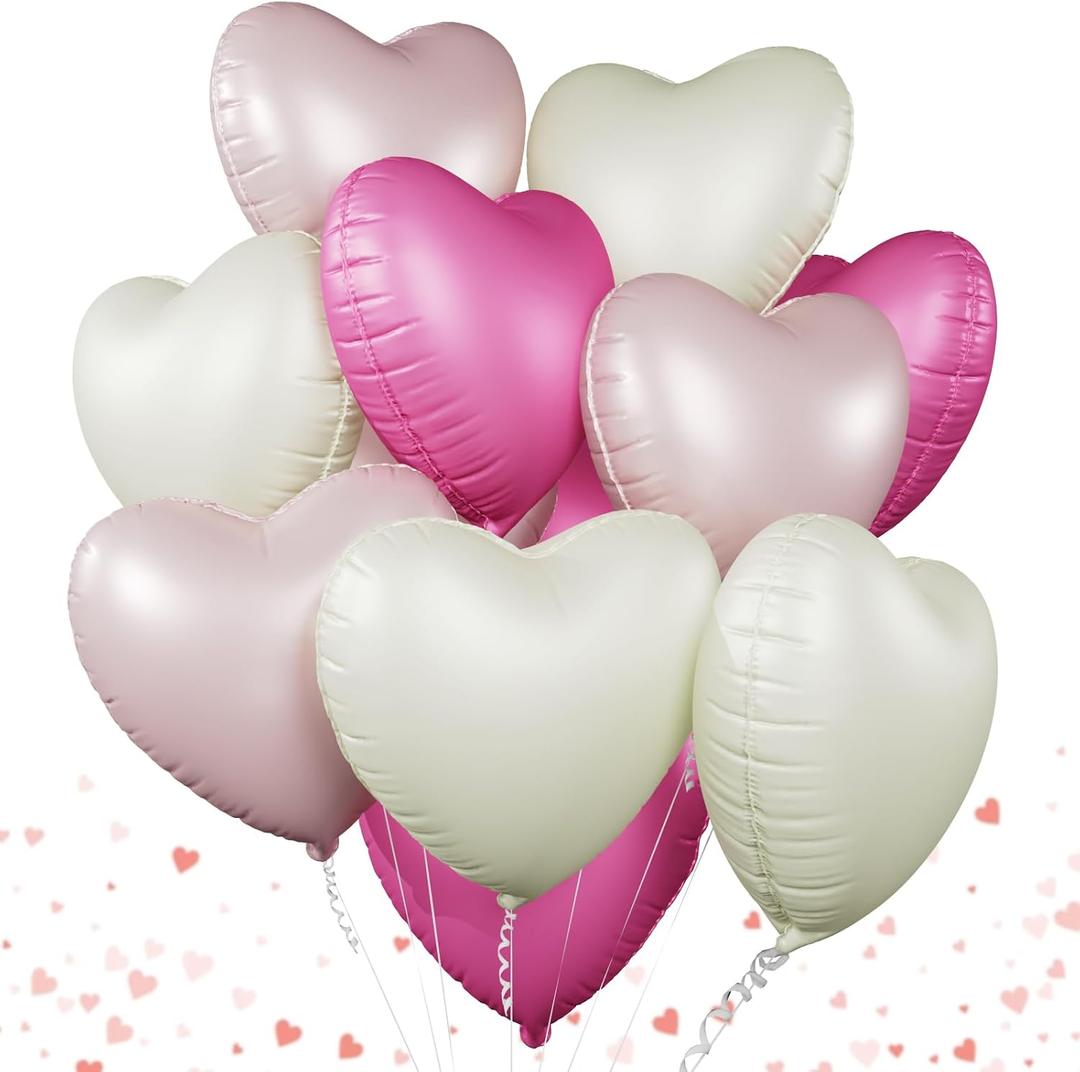 2 x Pink White Heart Balloons, 12 Pcs Cream Foil Balloons, 18 Inch Baby Pink Heart Balloon for Valentines Decorations Birthday Baby Shower Wedding Party Decorations