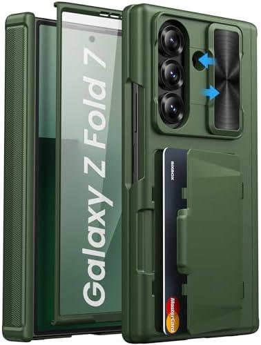 SIXBOX for Samsung Galaxy Z Fold 7 Case with Card Holder & Screen Protector, Built-in Hinge Protection & Slide Lens Cover, Durable Heavy Duty Hard Back Protective Phone Case for Galaxy Z Fold 7, Green