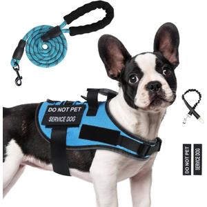 No Pull Dog Harness Small Medium Sized Dog, Service Dog Harness and Leash Set with 4 Patches, Adjustable Easy Walk Dogs Harnesses with Handle, Dogs Vest Harnesses French Bulldog, Chihuahua(Blue, S)