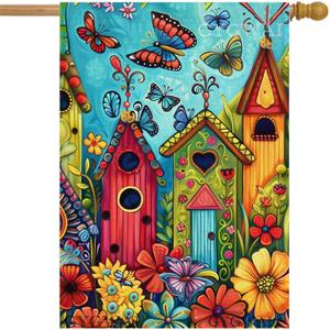 Spring Butterfly House Flag 28x40 Double Sided for Outside, Large Burlap Yard Flag Bird House Colorful Flowers Garden Flags for Spring Summer Outdoor Decorations