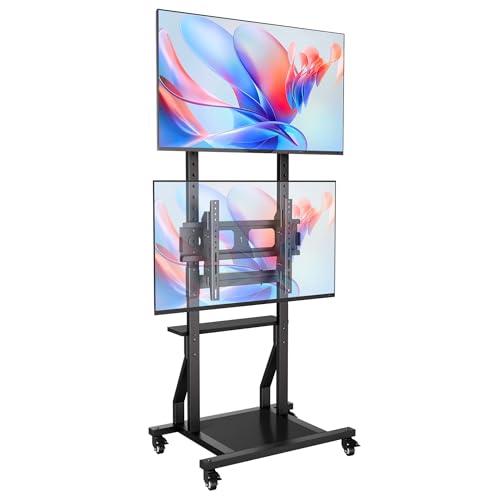 EZISE Rolling Dual TV Stand, Mobile TV Cart for Two 32-55 inch TVs with Storage and Lockable Wheels, Height Adjustable Portable TV Stand with Tilt Mount, Holds up to 132 lbs, Max VESA 600x400mm