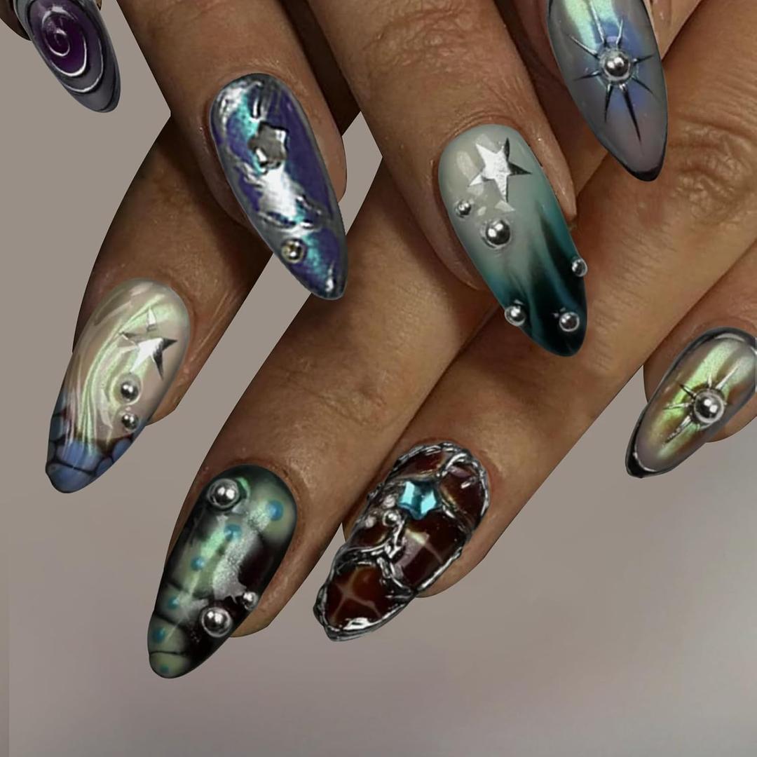 2 x Goth French Tip Press on Nails Almond Medium Blue Acrylic Fake Nails Press Ons with Glue Snake Print 3D Silver Beads Stick on Nail 24Pcs Purple Gothic Artificial Glue on False Nail for Women