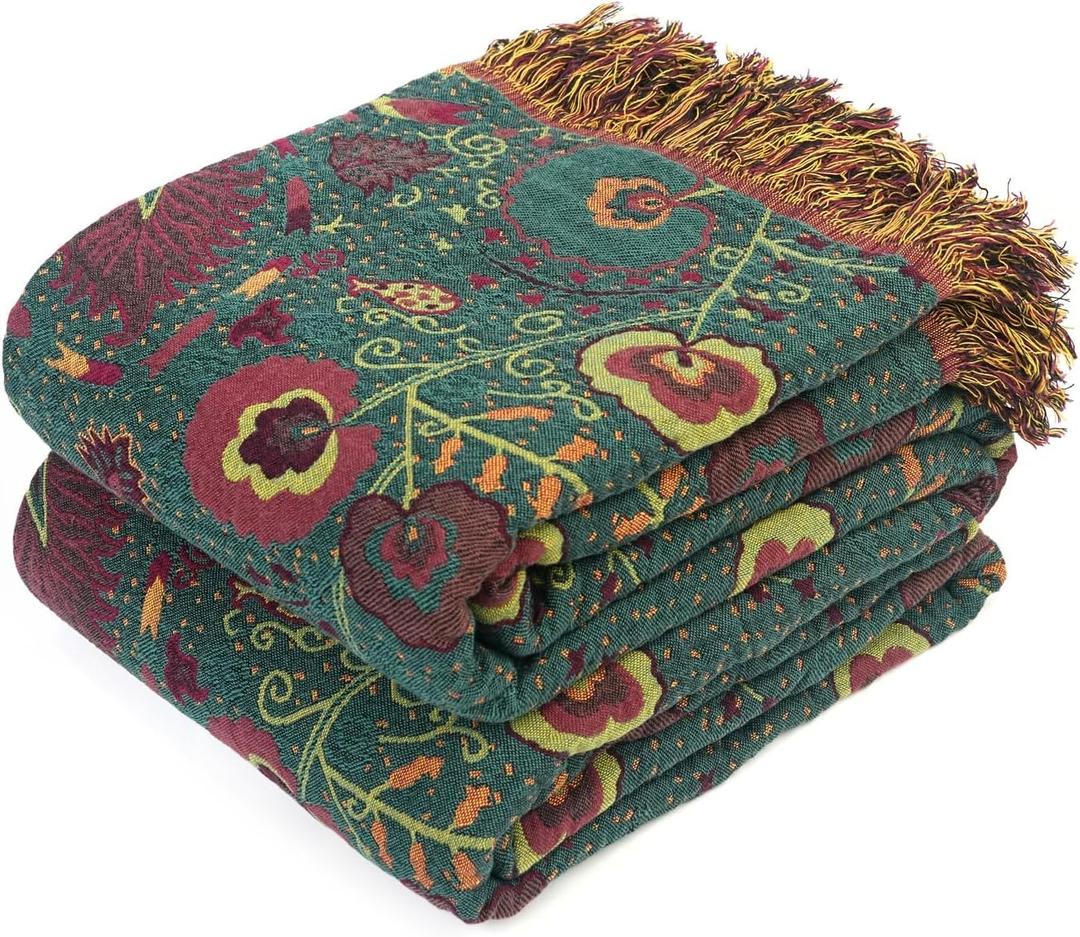 Boho Throw Blanket for Bed 100% Cotton Soft Lightweight Quilt Home Decor Bed Blanket, Floral Embroidery Reversible All Season Bohemian Breathable Twin Throws for Sofa Couch Chair 60"×80"
(Flower-dark Green)