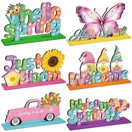 CroBlissful 6 Pcs Spring Wooden Table Centerpiece Hello Spring Wooden Table Sign Flower Gnome Truck Butterfly Signs Farmhouse Wood Tabletop Decor for Home Party, 6 Styles