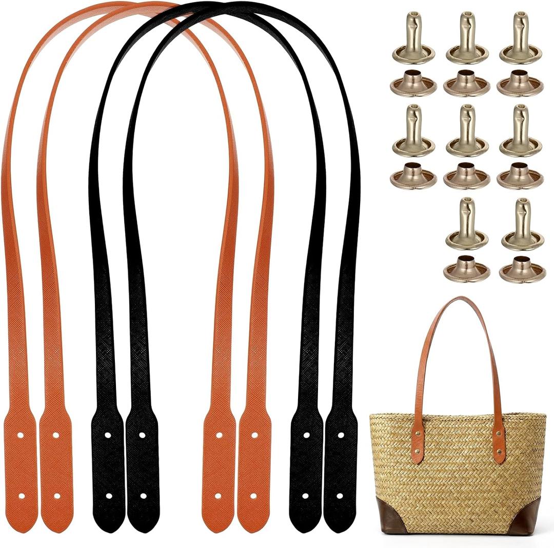 4 PCS Purse Handles Leather Purse Straps Bag Handles with Rivets Replacement for Handbags Crochet Bag Tote Bags Making Repairing