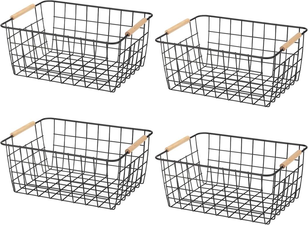 PATIKIL Kitchen Wire Basket, 4 Pack 11"L 9"W Pantry Organization Metal Storage Organizer Household Refrigerator Bin with Wood Handles for Cabinets Closets Bedrooms, Black