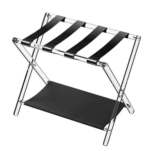 Sumerflos Acrylic Luggage Rack with Black Leather Straps & Cloth Storage Shelf for Guest Room - Foldable Clear Fancy Suitcase Stand for Bedroom, Hotel, Holds Up to 50-100 lb, Portable, 16.93 x 26.77 x 22.44 inches