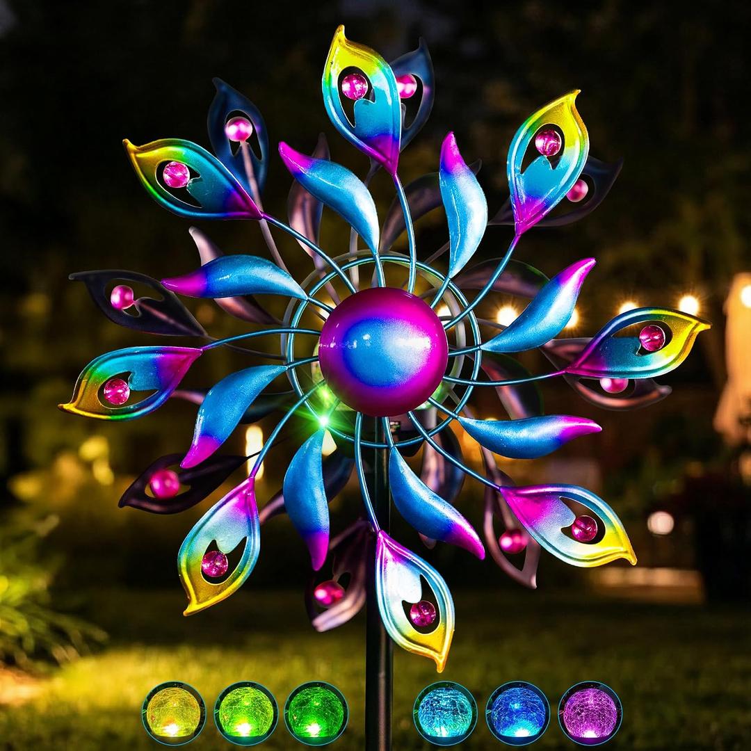 52'' Solar Wind Spinner Outdoor Metal - Kinetic Garden Wind Sculptures with Multi-Color Changing LED Glass Ball, Peacock Tail Design Yard Art Stake Decor for Patio, Lawn, Pathway Decoration