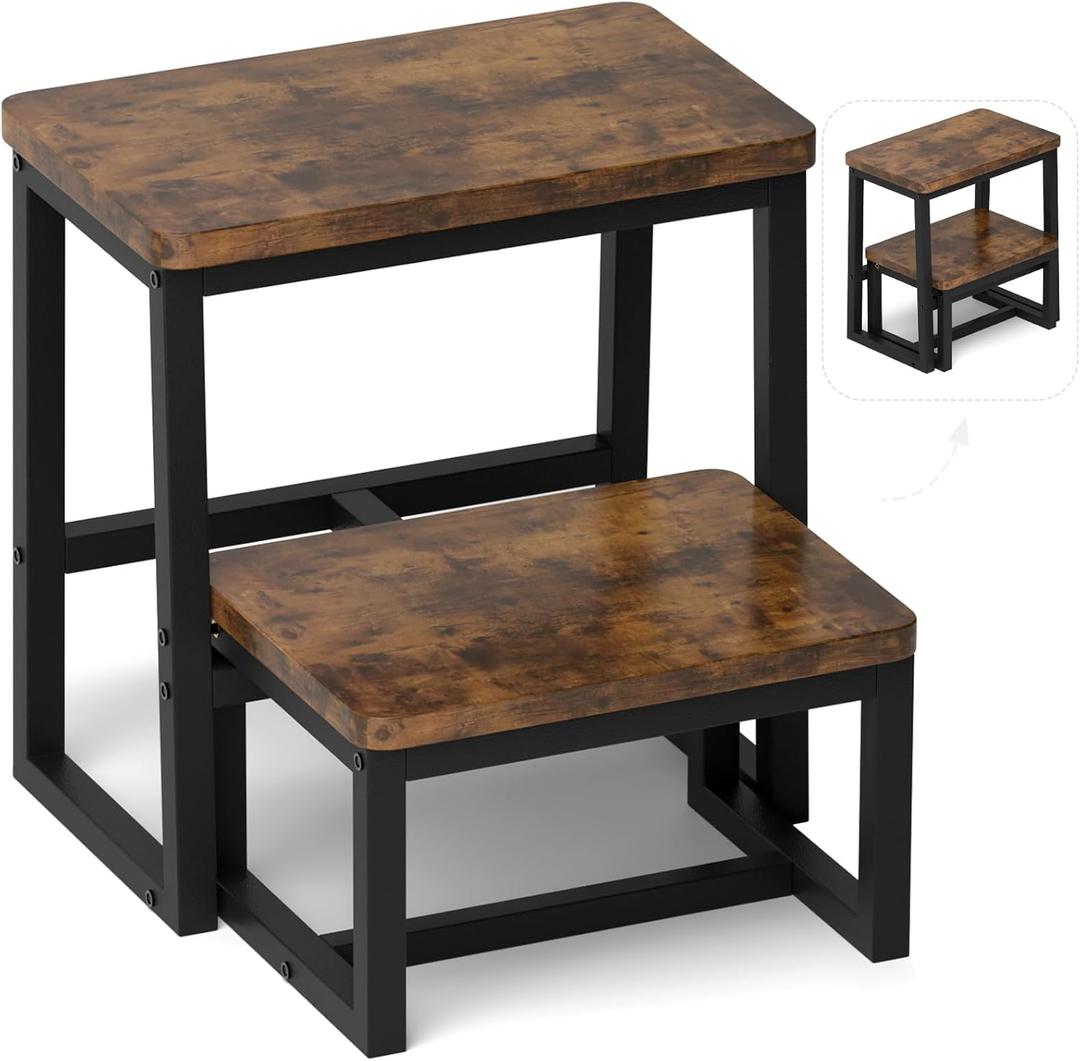 Step Stool for Adults & Kids,Holds up to 500Lb,3 in1 Heavy Duty Sturdy Wooden 2 Stepstool for Kichen/Bathroom/High beds, Metal Frame, Non-Slip Pads (Brown)