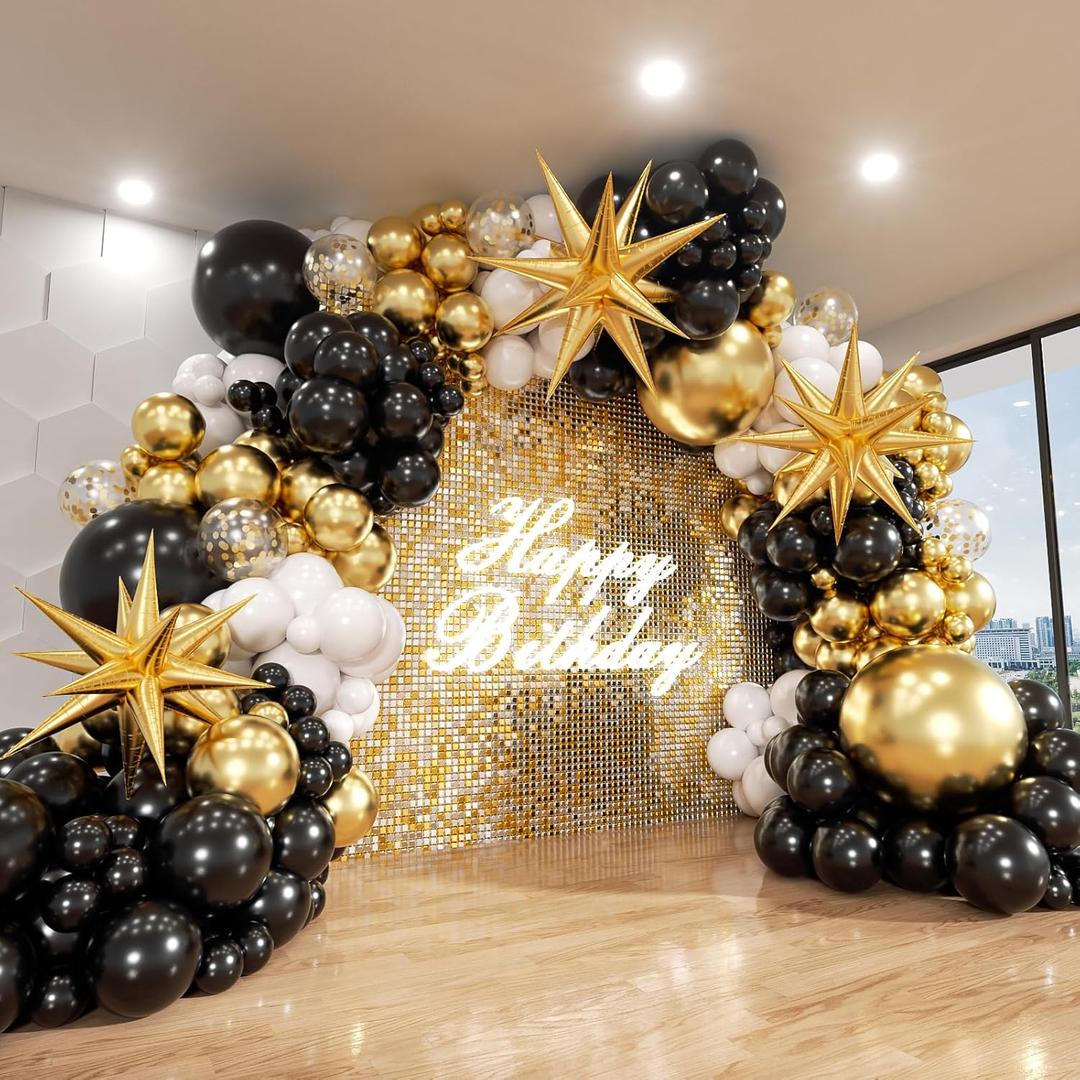 Black and Gold Balloon Garland Arch Kit, 185Pcs Explosion Star Black White Metallic Gold Confetti Latex Balloons for Birthday Anniversary Wedding Engagements Baby Shower Party Decorations