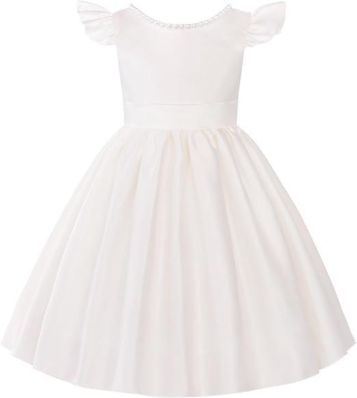 Uhnice Flower Girl Pearl Dress Flutter Sleeve V-Back Satin Dress with Bowknot for Wedding Birthday Party (Ivory, 90/ 2-3 Years)