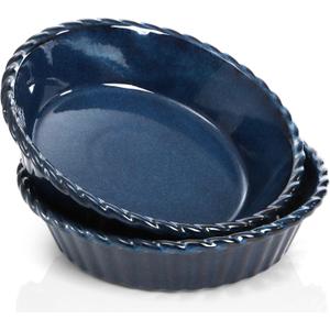 Peohud 2 Pack Ceramic Pie Pans, 10 Inch Deep Fluted Pie Plate, 54 Ounce Round Baking Dish for Quiche, Apple Pecan Pie, Pot Pie, Blue