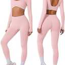 ABOCIW Workout Sets for Women Long Sleeve Crop Top Scrunch Butt Lifting High Waist Leggings 2 Piece Gym Yoga Outfits XS