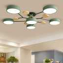 Dimmable LED Ceiling Light Fixture,32 Inch 6-Lights Modern Ceiling Lights Flush Mount Wooden 48W Chandelier for Living Room Bedroom Kitchen,3000K/4000K/6000K Green