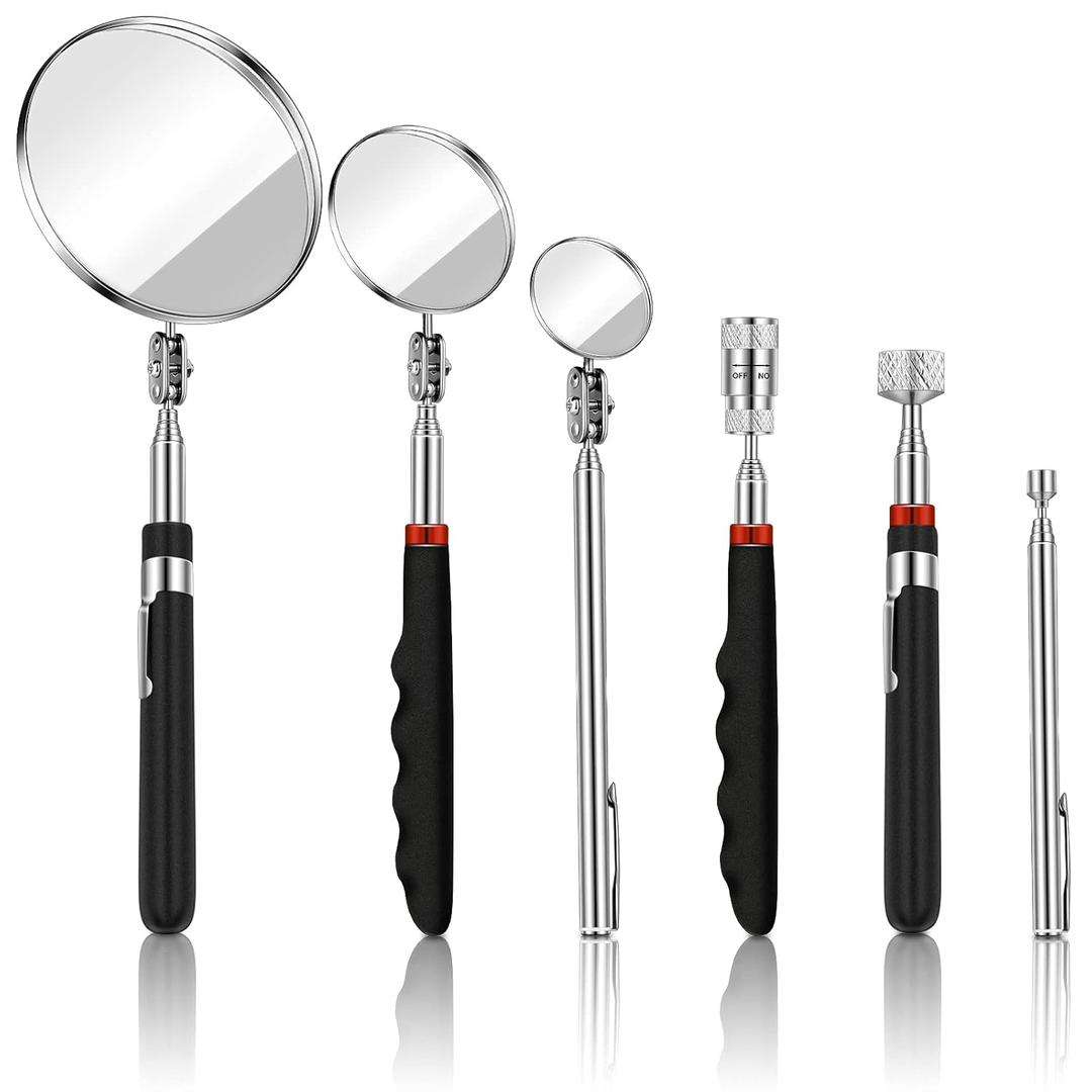 6 Pieces Telescoping Inspection Mirror Mechanic Magnet Stick Magnetic Pick Up Tool Round Mirror Inspection Tool Adjustable Telescoping Mirror 1.5 lb, 8 lb, 10 lb Telescope Tools for Men, Dad, Husband