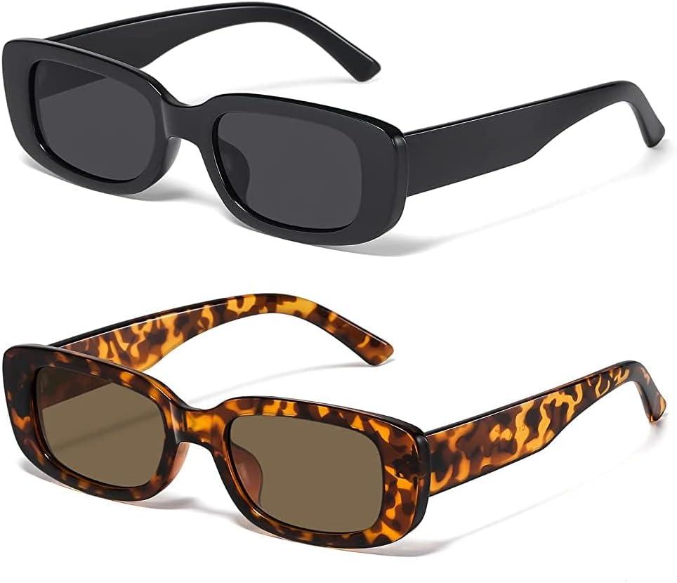 JASPIN Rectangle Sunglasses for Women Men Trendy Y2k Retro 90s Sun Glasses UV400 Protection Cool Square Frame (Black+leopard)