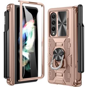 Maxdara for Z Fold 3 Case with Pen Holder and Hinge Protection, Slide Camera Cover +Tempered Glass Screen Protector + Kickstand(Rose Gold)