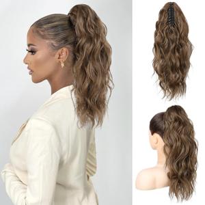 Flufymooz Ponytail Extension, 18 Inch Claw Clip Wavy Curly in Hair Extensions, Natural Fake Synthetic Hairpiece for Women (Medium Brown with Medium Auburn)