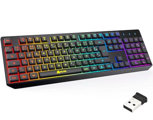 KLIM Chroma Clavier sans Fil Gamer AZERTY - Nouveauté 2023 - Fin, Durable, Ergonomique, Discret, Waterproof, Silencieux - Clavier Gamer rétroéclairé Pour PC Mac - Clavier PS4 PS5 - Noir