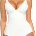 FeelinGirl Shapewear Bodysuits for Women Tummy Control Deep V Neck Body Suits with Built in Bra Tops, L
