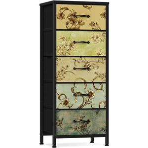 Furnulem Vertical Dresser for Bedroom, Tall Skinny Storage Tower with 5 Fabric Drawers, Chest of Drawers for Living Room, Dorm, Entryway, Vintage Furniture, Wood Top