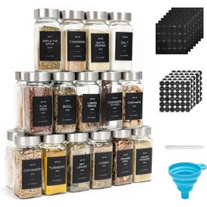 OHHLIHOME 24 Pcs Glass Spice Jars with Label, 4oz Spice Jars with Lids, Seasoning containers Set, Comes with spice bottle caps, Silicone Collapsible Funnel,chalk, for Spice Rack, Cabinet, Drawer