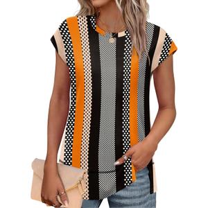 WEESO Womens Summer Tops 2025 Cap Short Sleeve T Shirts Trendy Dressy Casual Crew Neck Loose Fit Shirts (Medium, J-khaki Stripe)