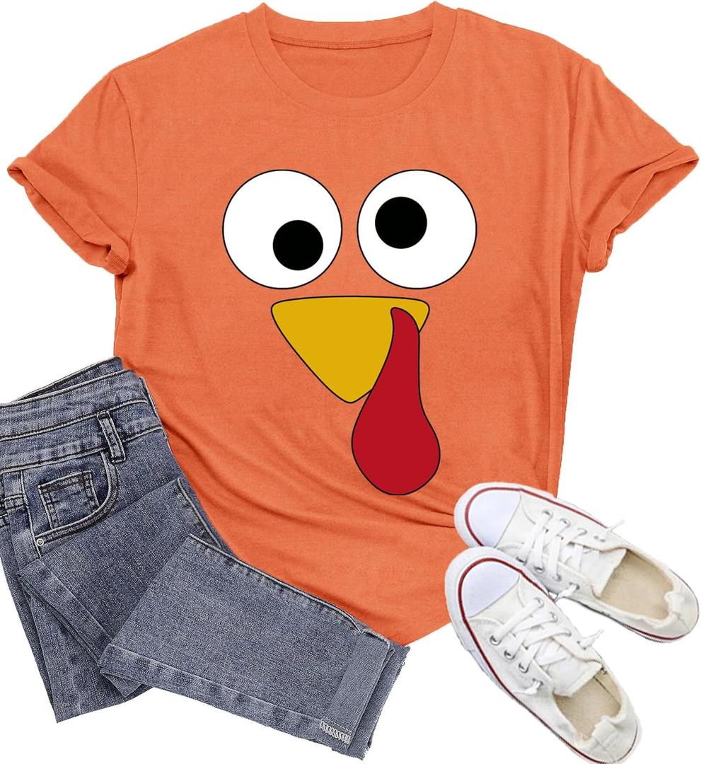 Thanksgiving Shirts for Women Happy Turkey Day T-Shirts Turkey Face Tee Tops (Orange, XXL)