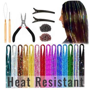 Andou | 14 Colors | Up To 6800 Strands | Heat Resistant Hair Tinsel Kit For Girls, Women & Kids | 48 Inch | One Wooden Threader & Crochet | One Plier | Two Hair Clips | Two Hundred Beads
