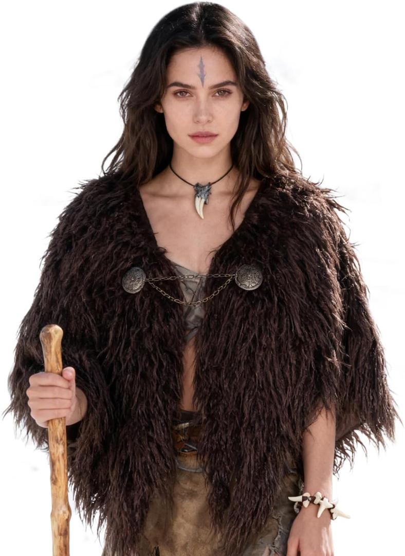 L'VOW Viking Fur Cloak Costume Medieval Fur Shawl Cape Mantle Renaissance LARP Cosplay (Coffee)
