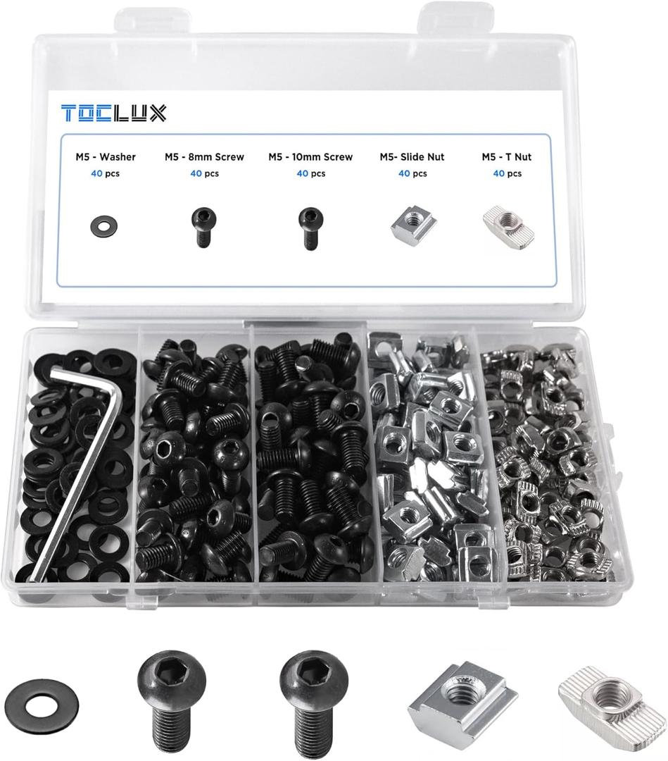 200pcs 2020 Series M5 T Nut and Black Screw Kit  Sliding & Drop-in T-Nuts, M5x8 & 10mm Black Screws, Washers, Hex Wrench  for 6mm T-Slot Aluminum Extrusion Accessories Extruded Aluminum Hardware