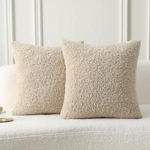 FUTEI Beige Throw Pillow Covers 18x18 Inch Set of 2,Furry Faux Fur Teddy Boucle Textured Cushion Covers,Soft Fluffy Decorative Pillow Case,Home Decor for Couch Bed Living Room Office Car
