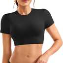 YEOREO Short Sleeve T Shirt for Women Double Lined Crop Top Crew Neck Workout Tee Colin Slim Fit Summer Basic Going Out Top (Large, Black)