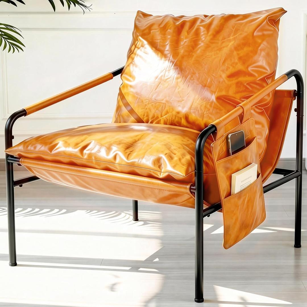 Modern Bright Orange Oversized Faux Leather Chair, Recliner Armchair, Comfy Accent Chair with Sturdy Metal Frame, Armrest bag, Indoor Outdoor couch sofa Chair for Living Room Bedroom Patio lounge, Large
