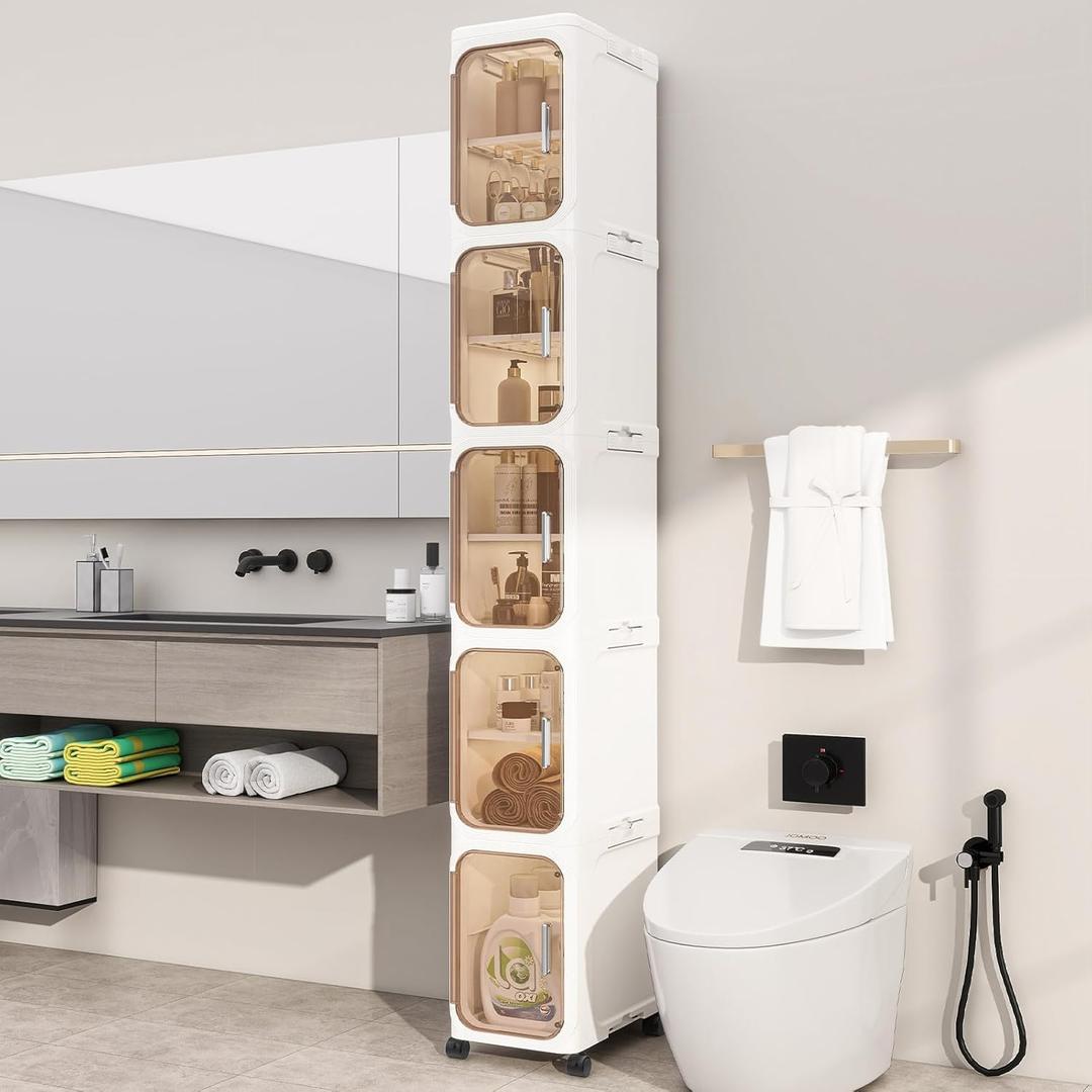 KHNR 5-Tiers Slim Bathroom Storage Cabinet, Foldable Storage Cabinets,Narrow Bathroom Storage,Movable Bathroom Storage Organizer for Small Spaces,Bathroom,Kitchen,Laundry,Cream White