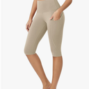 ODODOS Women's High Waisted Yoga Capris with Pockets, Tummy Control Non See Through Workout Athletic Running Capri Leggings, Small, Dark Beige 