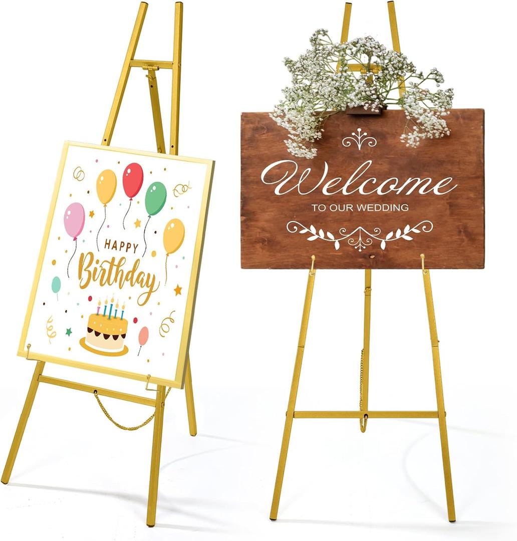 CroBlissful Gold 50" Easel Stand for Wedding Sign Adjustable 3Tier Height Display Easel with Chain Heavy Duty Floor Tripod for Welcome Wedding Sign Painting Canvas Baby Shower Party Poster (Metal), 50H x 19L x 18W inches