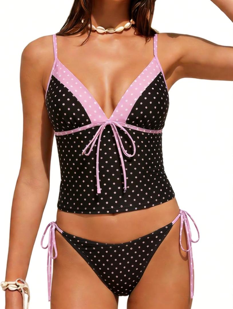ZAFUL Women Two Piece Tankini Set Low Waisted Tie Side Tankini Swimsuit Cute V Neck Modest Swimwear Cute Summer Bathing Suit (S)